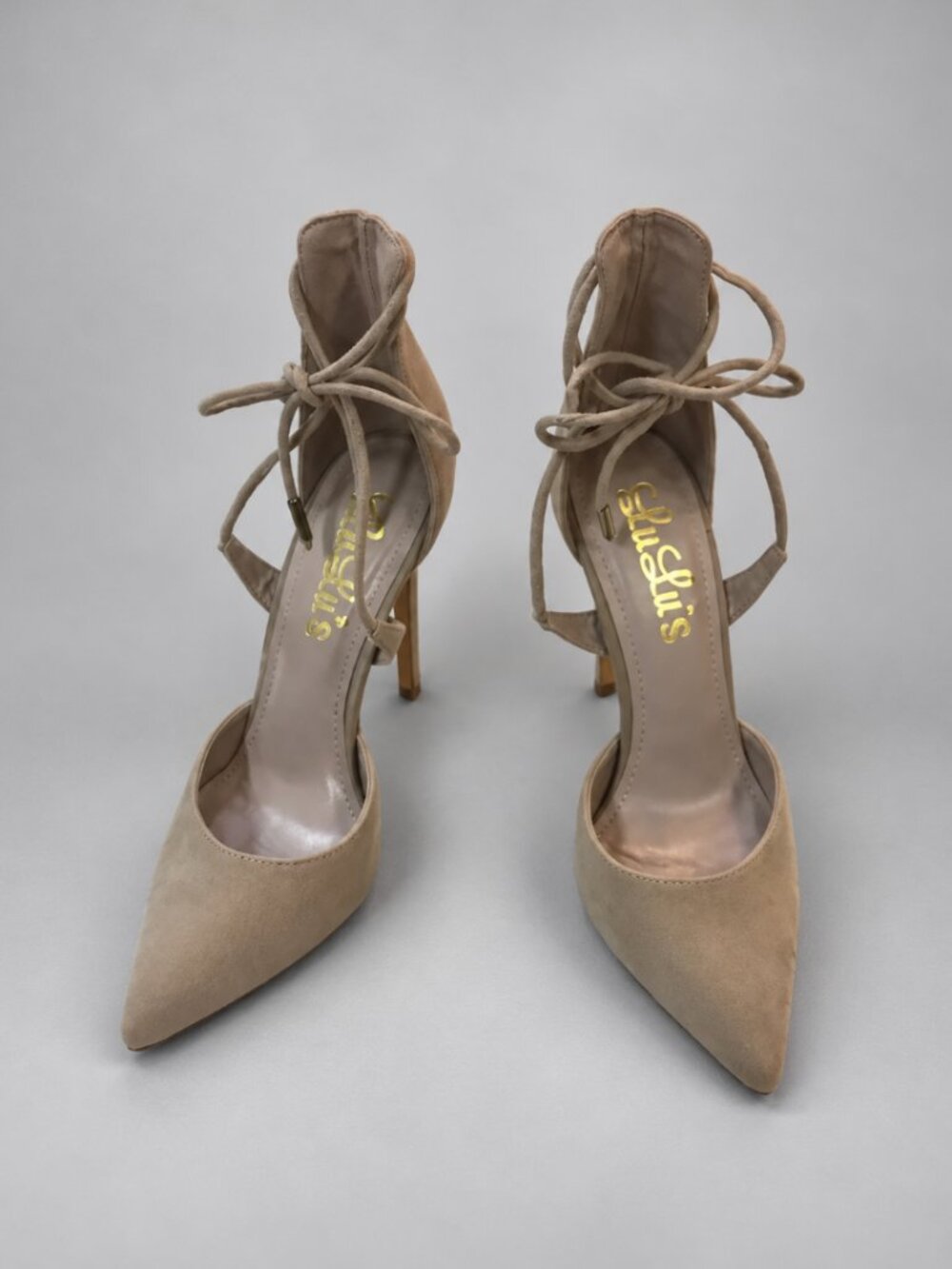 Lulus Marie Taupe Suede Lace-Up Stiletto Heels Size 7.5